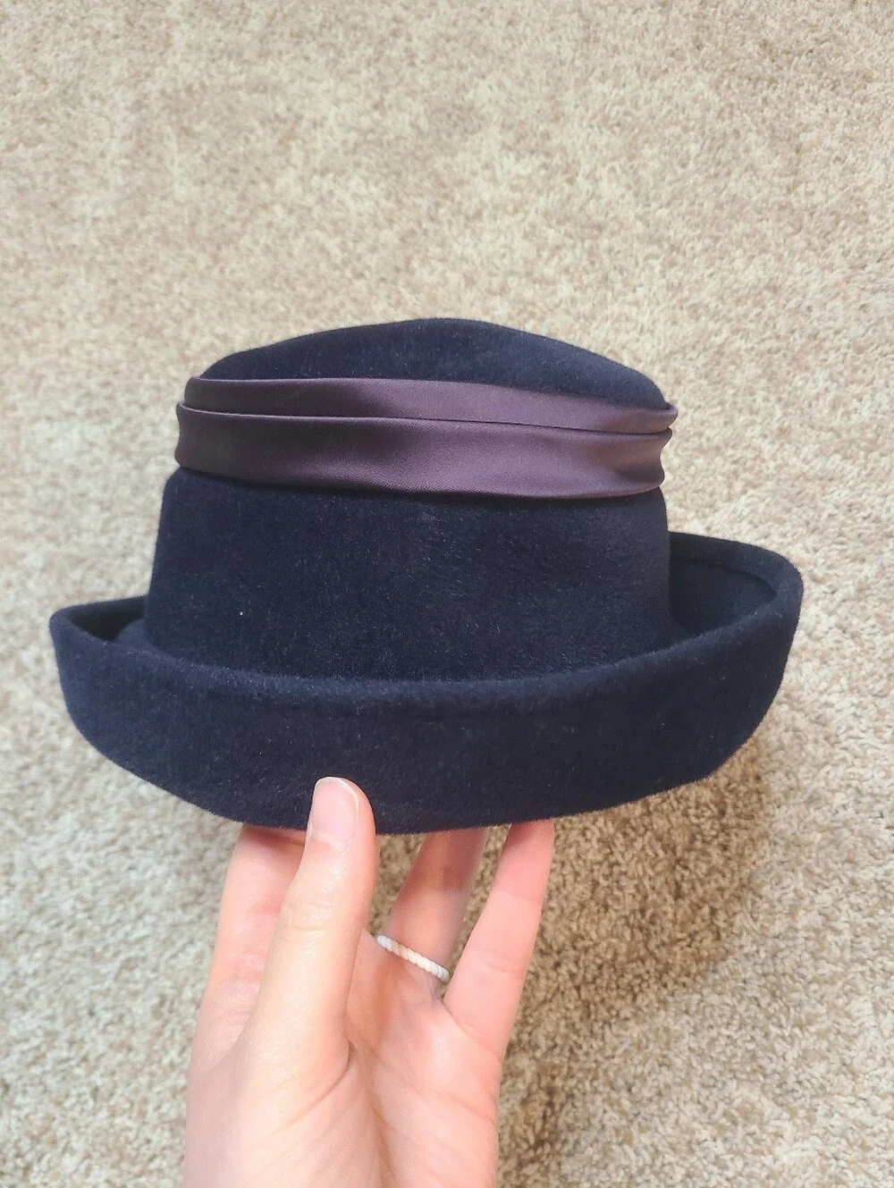 Vintage Fur Felt Velour Hat With Satin Ribbon 1950s 1960s Union Made